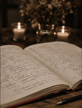 Ein aufgeschlagenes Gästebuch bei Kerzenlicht