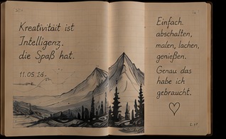 Gästebuchseite mit gezeichneter Berglandschaft und einem Eintrag über Kreativität