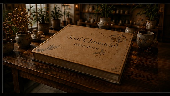Die Soul Chronicle – das Gästebuch des Crea Café auf einem Holztisch