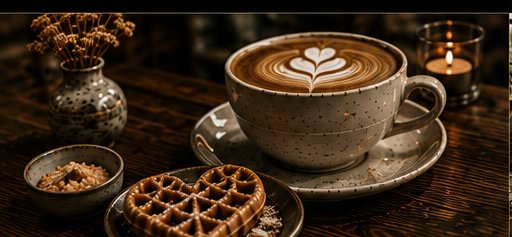 Cappuccino mit Latte-Art und hausgemachte Waffel auf einem Holztisch