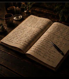 Aufgeschlagenes handgeschriebenes Gästebuch auf einem Holztisch